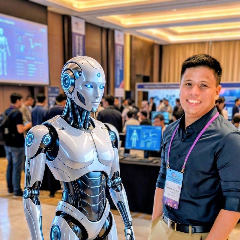 Koya Wence next to a humanoid robot at an AI conference